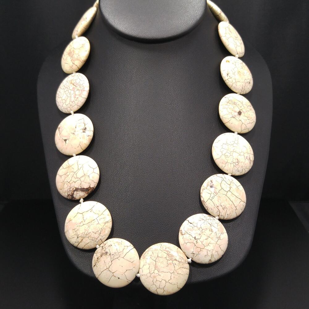 Vintage Gemstone Flat Circular Beaded Necklace, Hand Knotted, 1980s